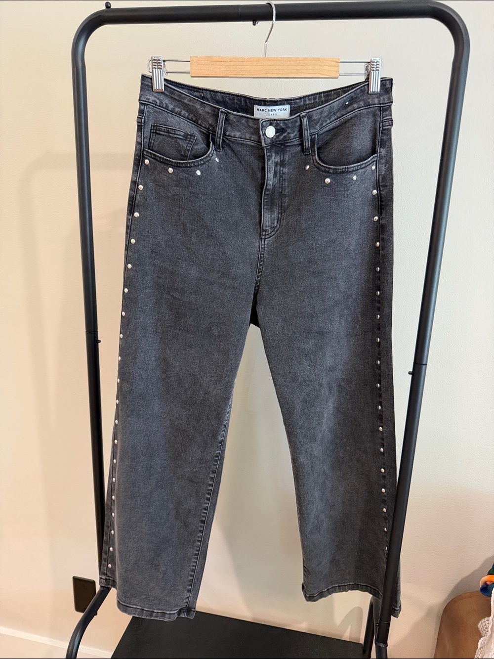 Marc New York Women's Black Washed Boyfriend Jeans with Silver Studs